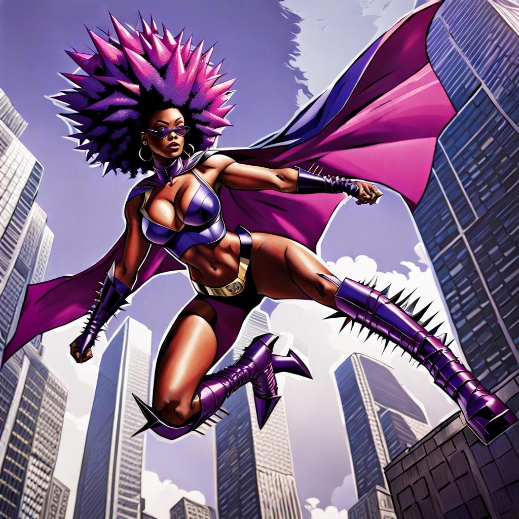 Black Female Superhero Flying Between Skyscrapers