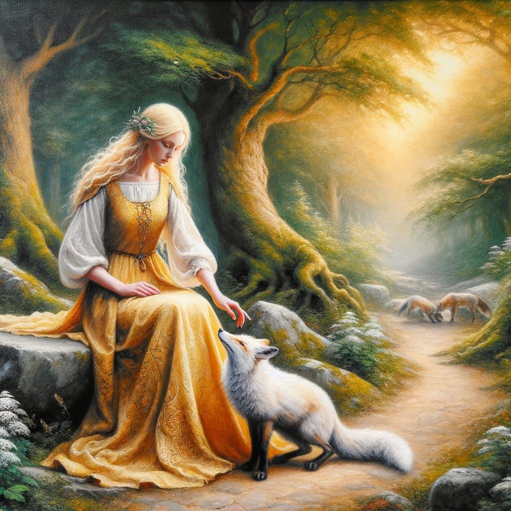 Norse Goddess Tends Bruised Fox in Enchanting Woodland