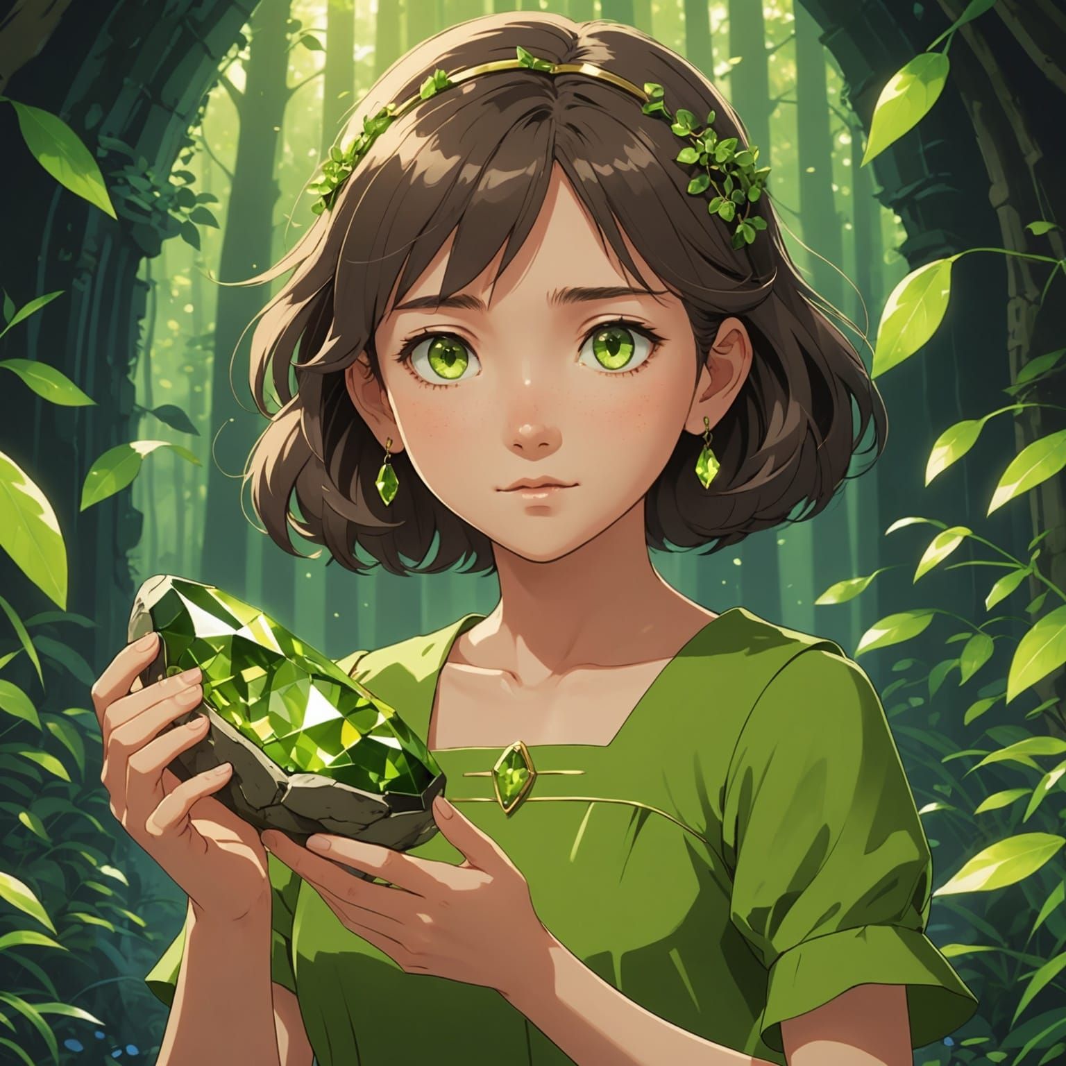 Girl in Olivine Dress with Peridot, Ghibli Style