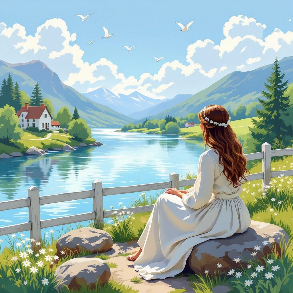 English Woman by River in Tranquil Landscape Painting