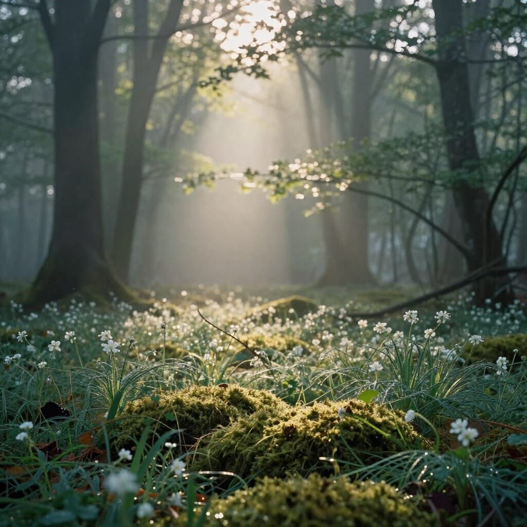 Ethereal Forest Sunlight on Moss and Wildflowers
