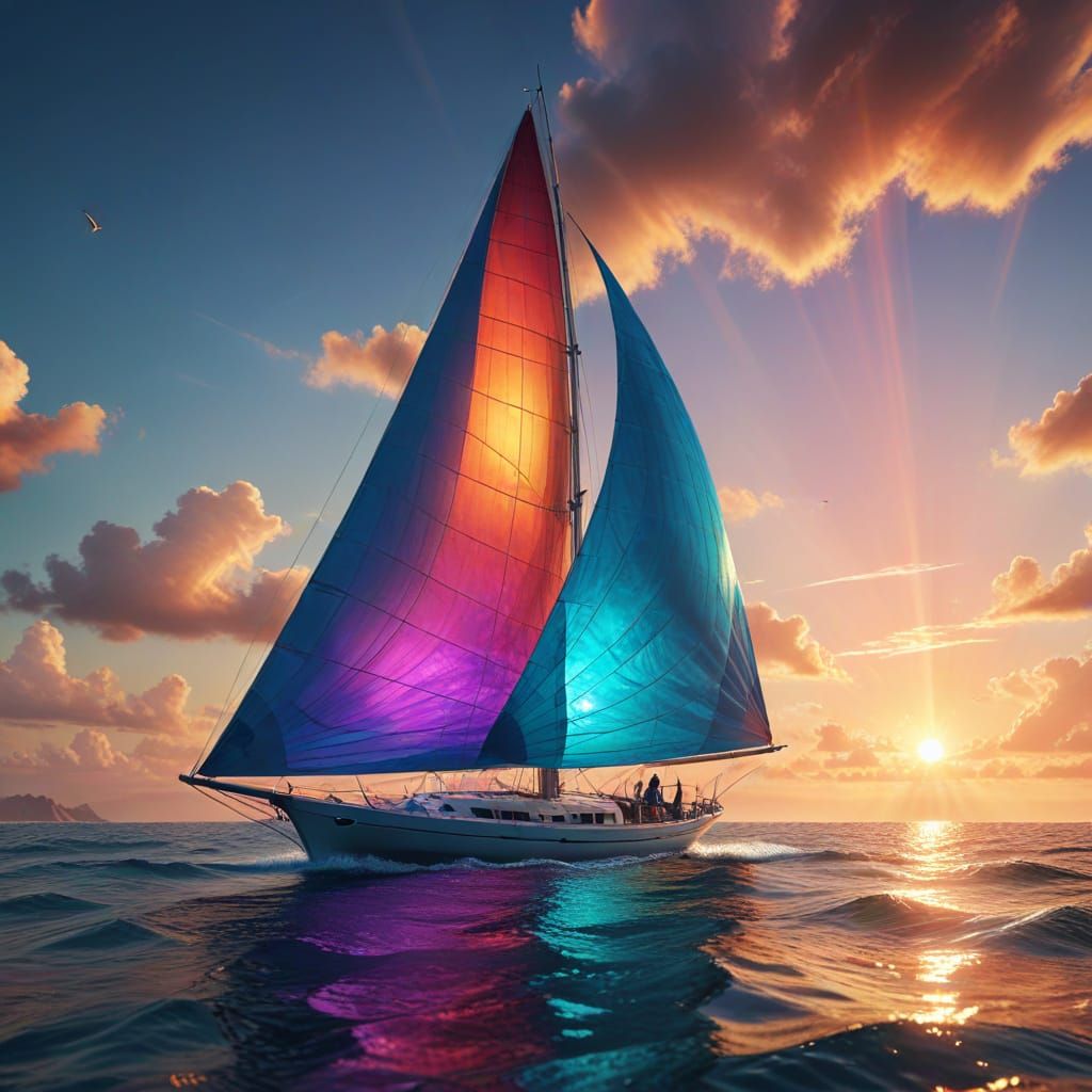Futuristic Sailboat with Iridescent Sails: Digital Concept A...