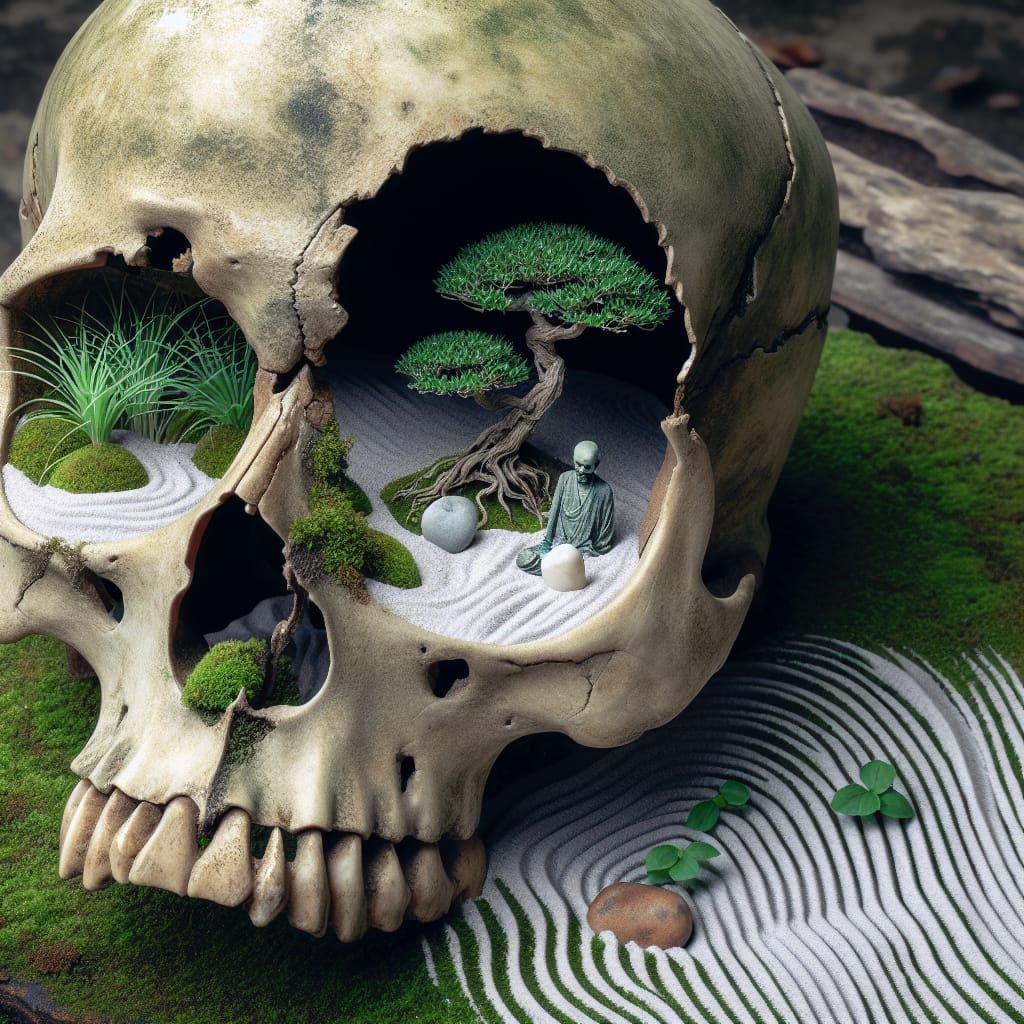 Ethereal Zen Oasis within an Ancient Skull