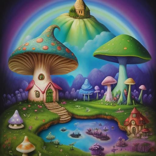 Surreal Fairy Mushroom House in Rainbow Forest