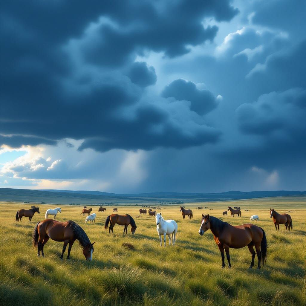 Horses and Wildlife in Meadow Before Storm, 3D Rendered
