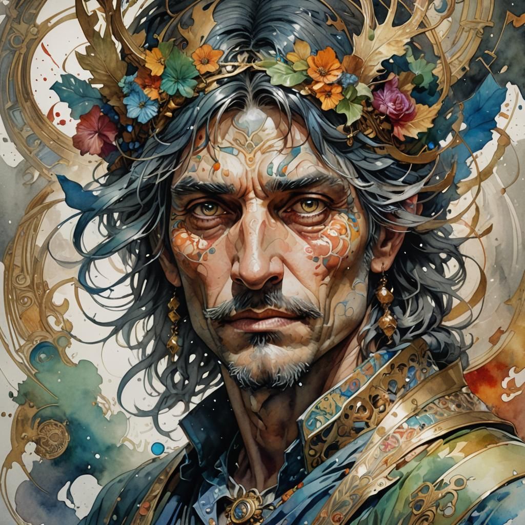 Miserable Jester in Watercolour Portrait