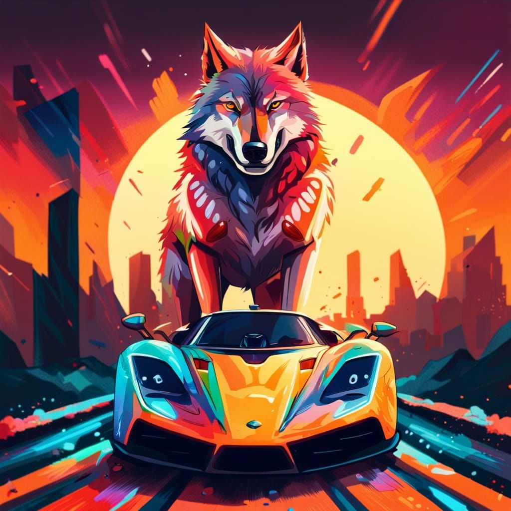Wolf Surfing a Hypercar in Hyperrealistic Style