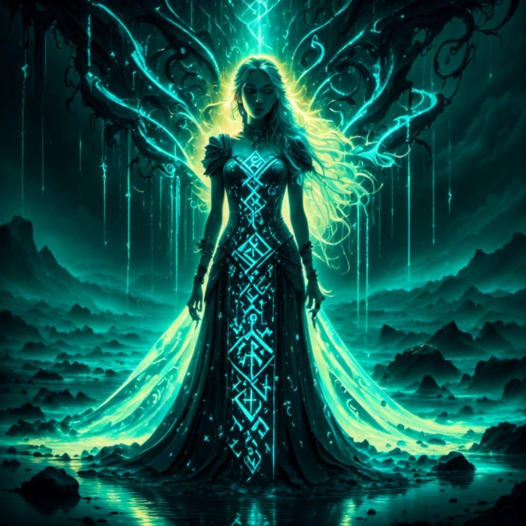 Bioluminescent Rune Dress Fantasy Art