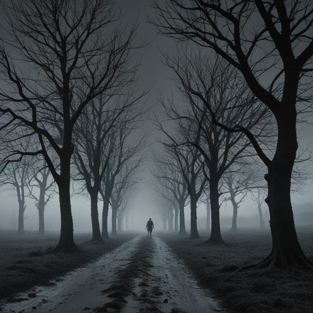 Surreal Winter Scene with Twisted Trees and Malevolent Energ...