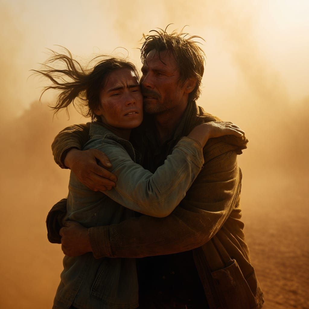 Embrace in the Dust Storm: A Cinematic Still