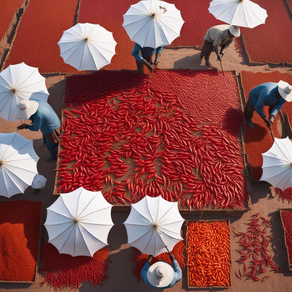 Workers Drying Chillies: A Cinematic Drone Shot