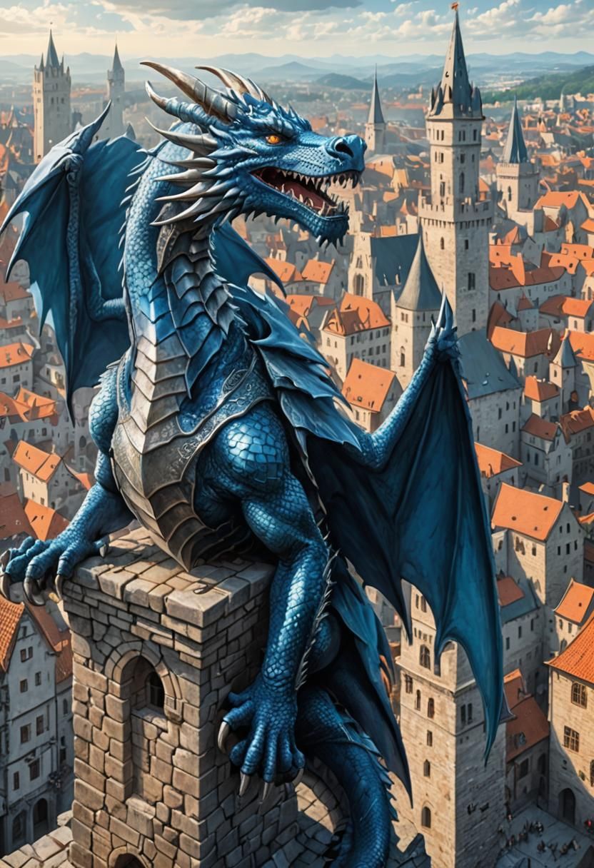 Mighty blue/silver dragon on top of a stone tower in the mid...