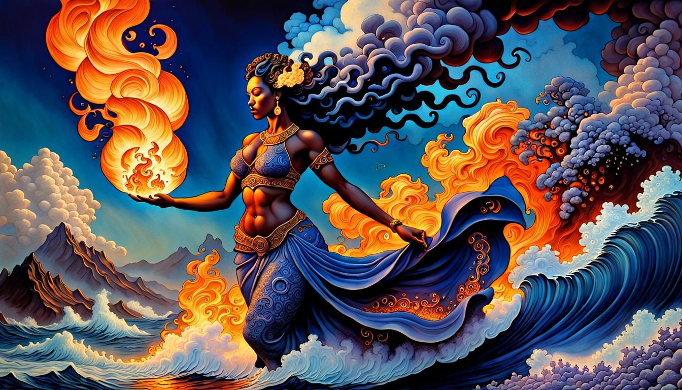 Maxfield Parrish inspired exotic Pele  goddess of volcanic f...