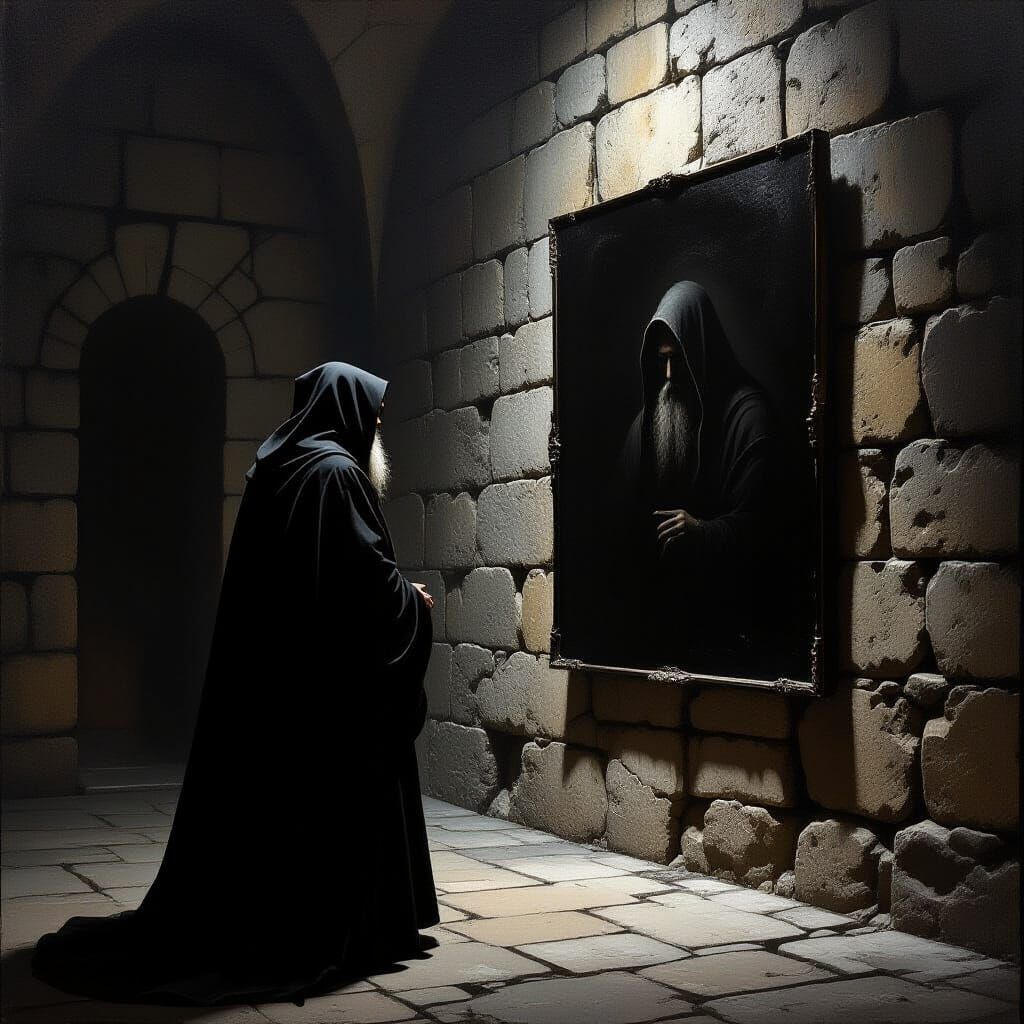 Wizened Man Contemplates Black Painting in Shadowed Chamber