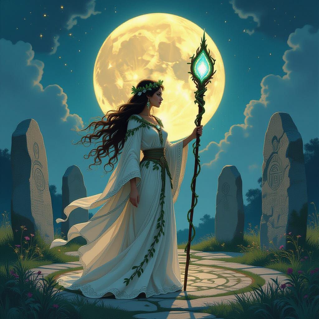 Druidess in Stone Circle in Art Nouveau Style