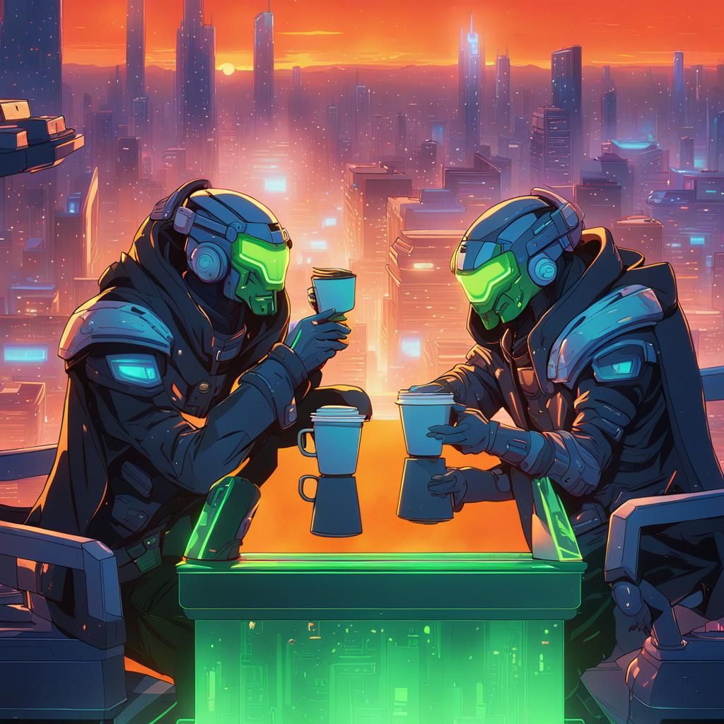 Zeratul and Rainor: Cyberpunk Coffee on Sci-Fi Rooftop
