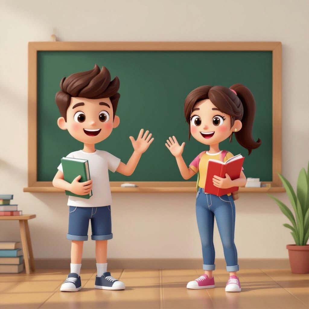 Smiling Teenagers Wave with Books Before Blackboard in Carto...