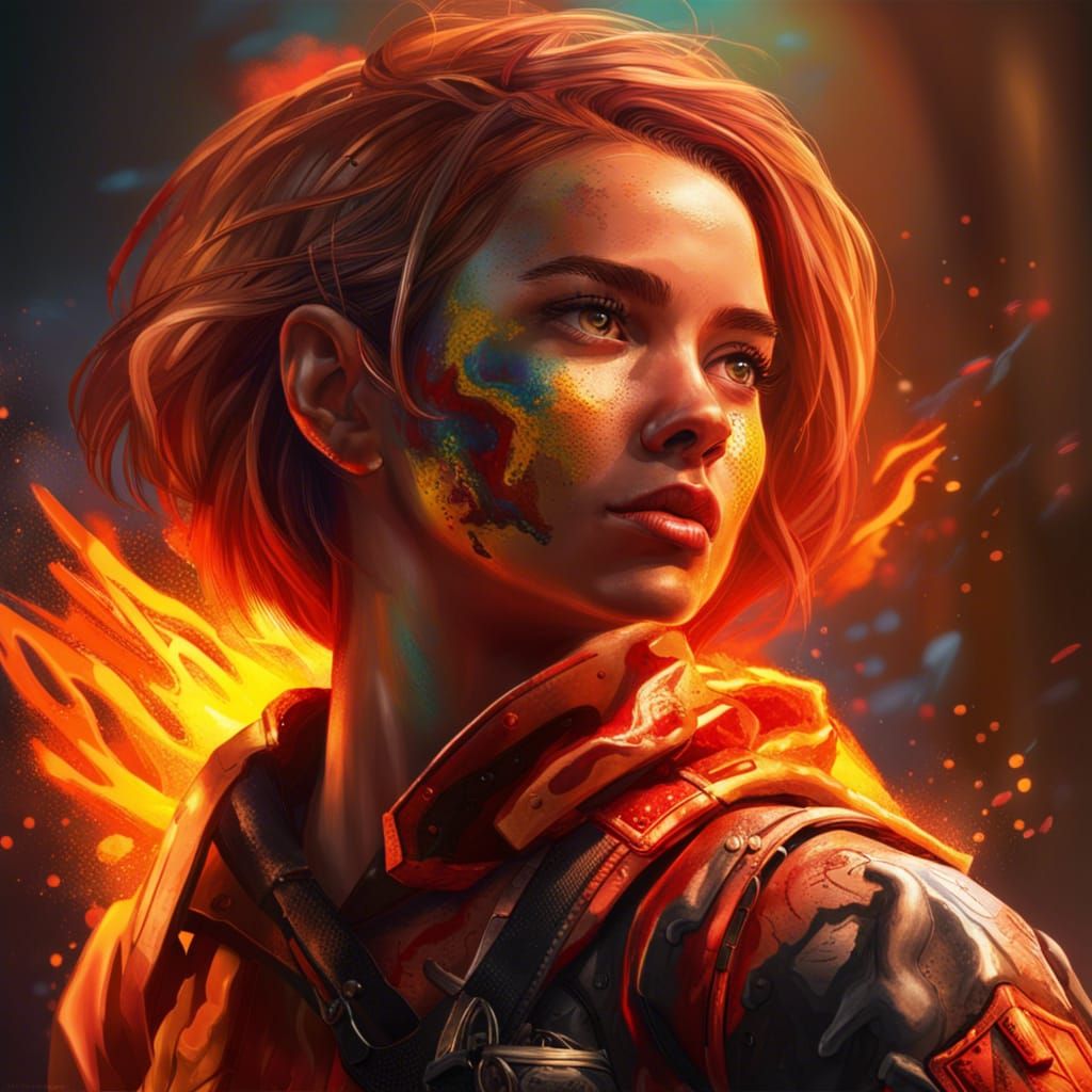 Hyperrealistic Fire Girl in Colorful Splash Art