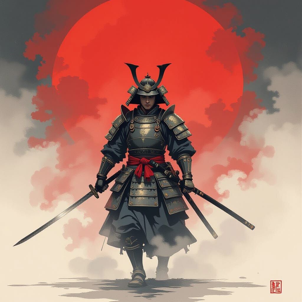 Samurai Emerges from Red Mist in Watercolor Style
