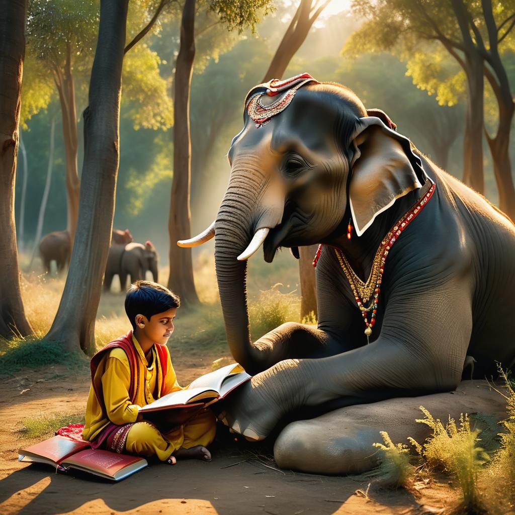 Boy Reads to Elephant in Forest Glade