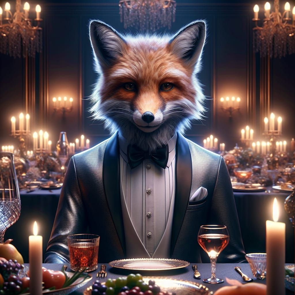 Fox in Tuxedo at Opulent Dinner Party