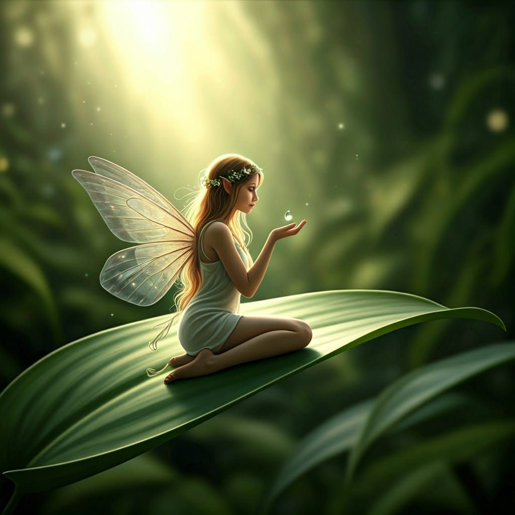 Enchanting Fairy with Dewdrop in Dreamlike Landscape