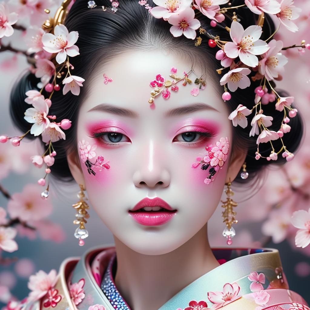 Crystal Geisha in Cherry Blossom Kimono: Digital Art