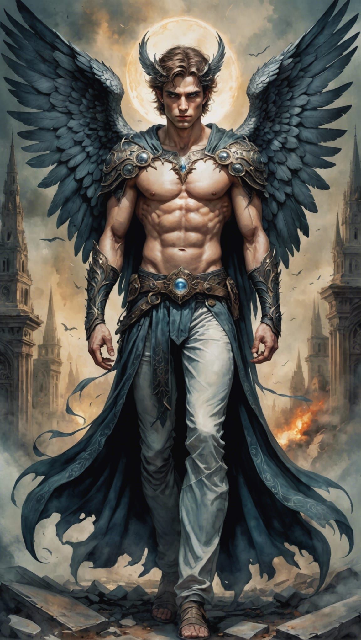 Grotesque Fallen Nephilim Portrait in Watercolor Style