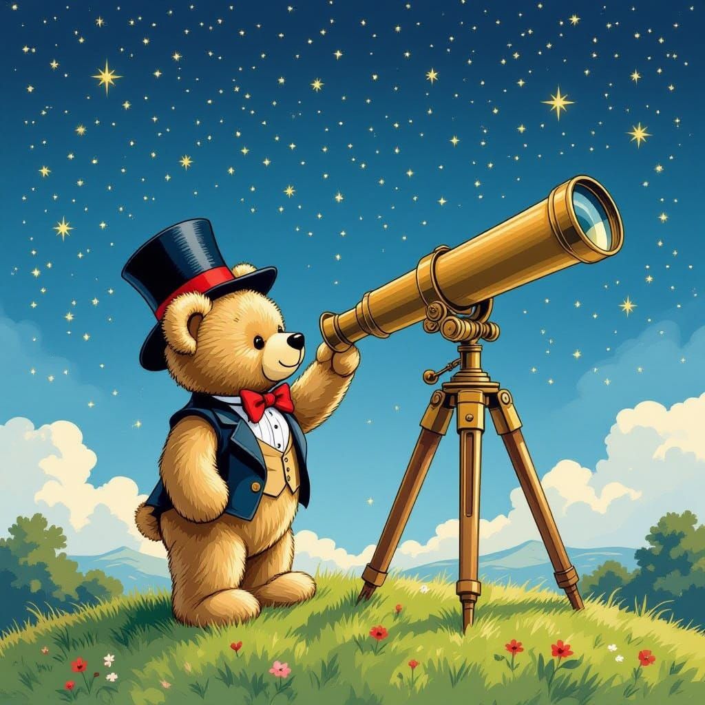Whimsical Teddy Bear Observes the Night Sky in Beatrix Potte...