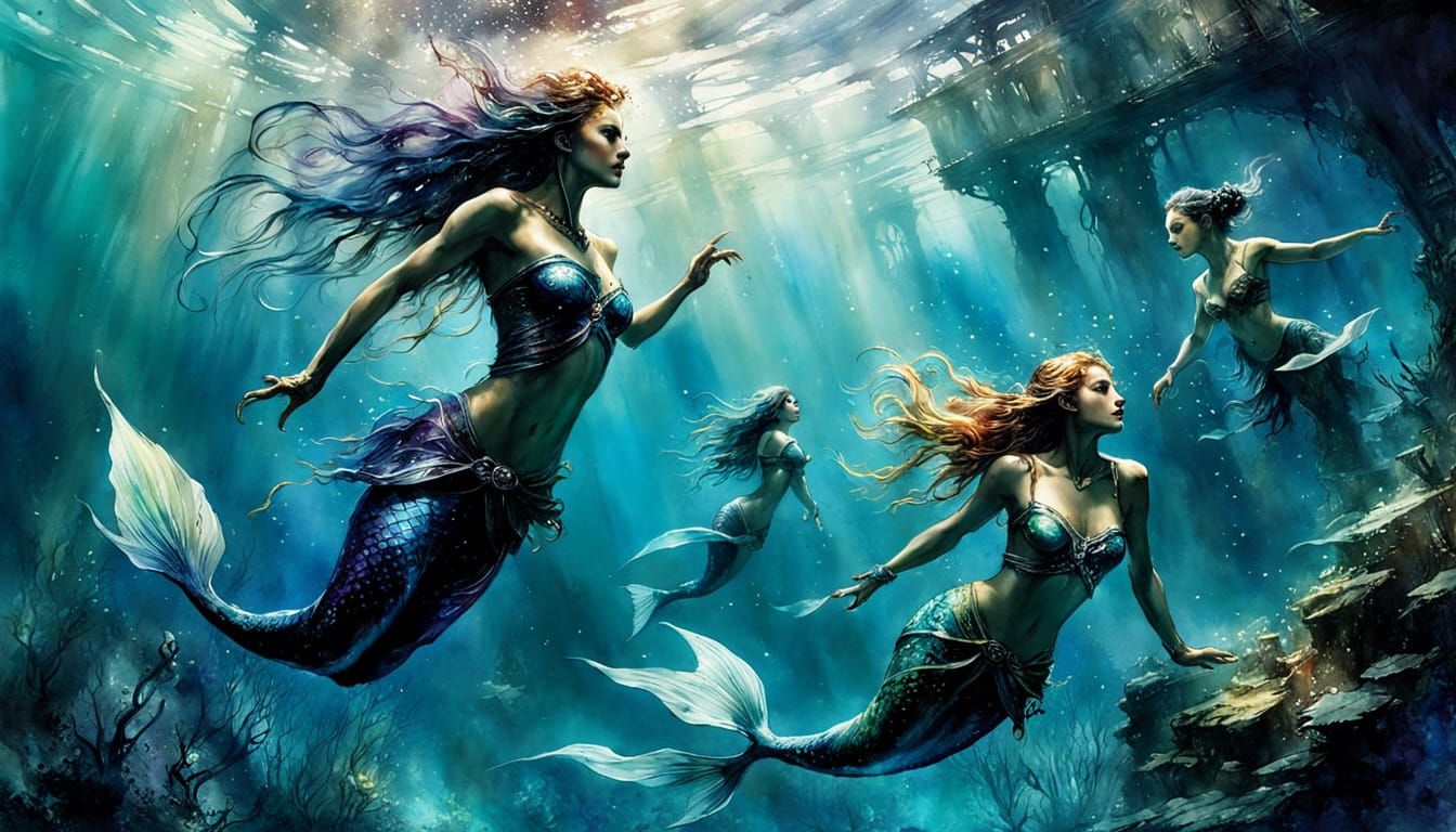 Mermaid Realms in Dreamy Watercolor Ink