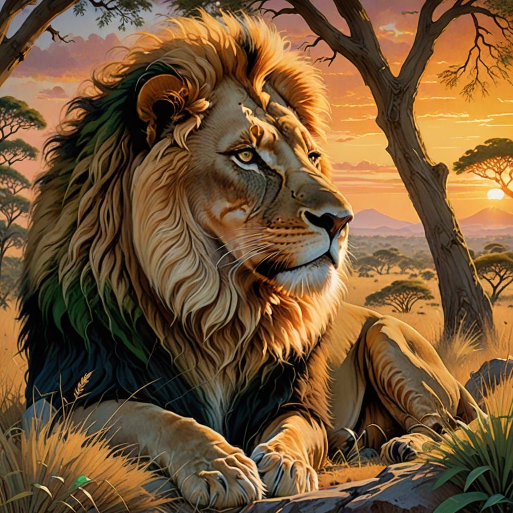 Regal Lion Roams Sunset African Savannah