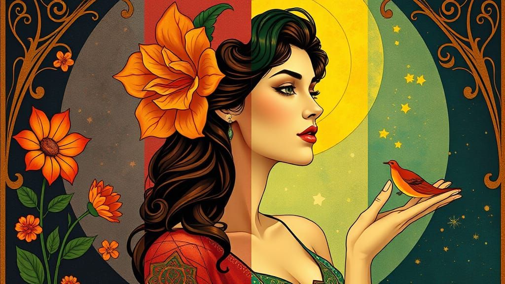 Woman Embodies 4 Seasons in Art Nouveau Elegance