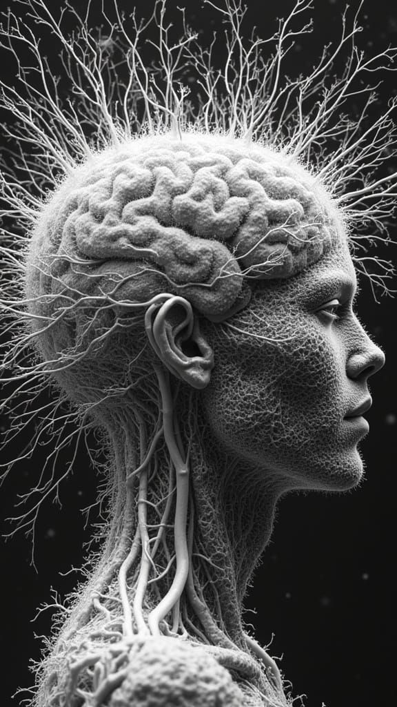 Stunning Black and White Brain Illustration in Cyberpunk Sty...