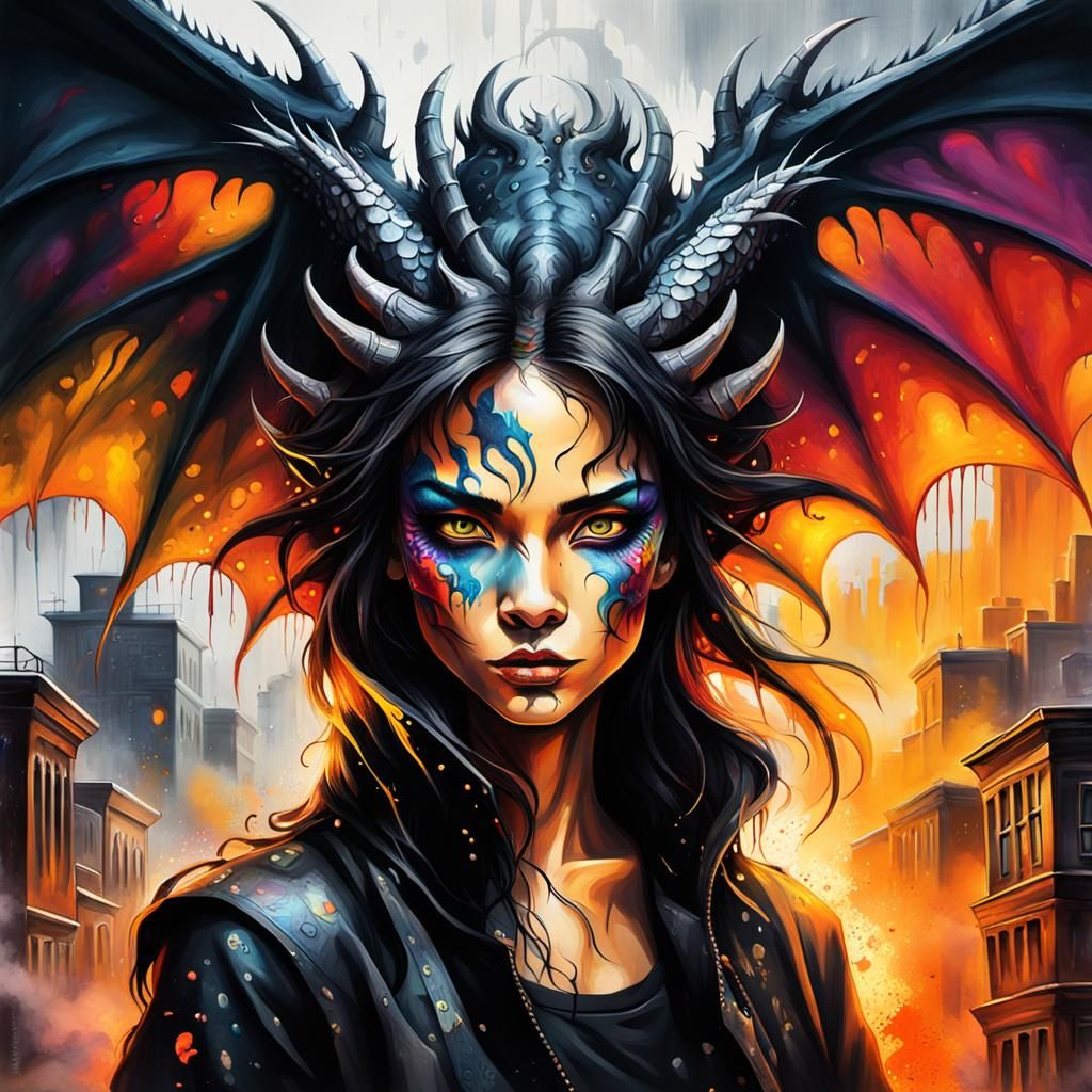 Dragon Lady Graffiti Art Portrait in Urban Setting
