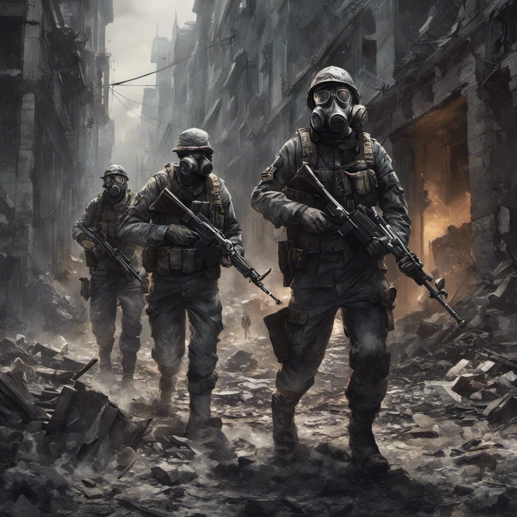 Night Battle: Gas Mask Soldiers in Ruined City