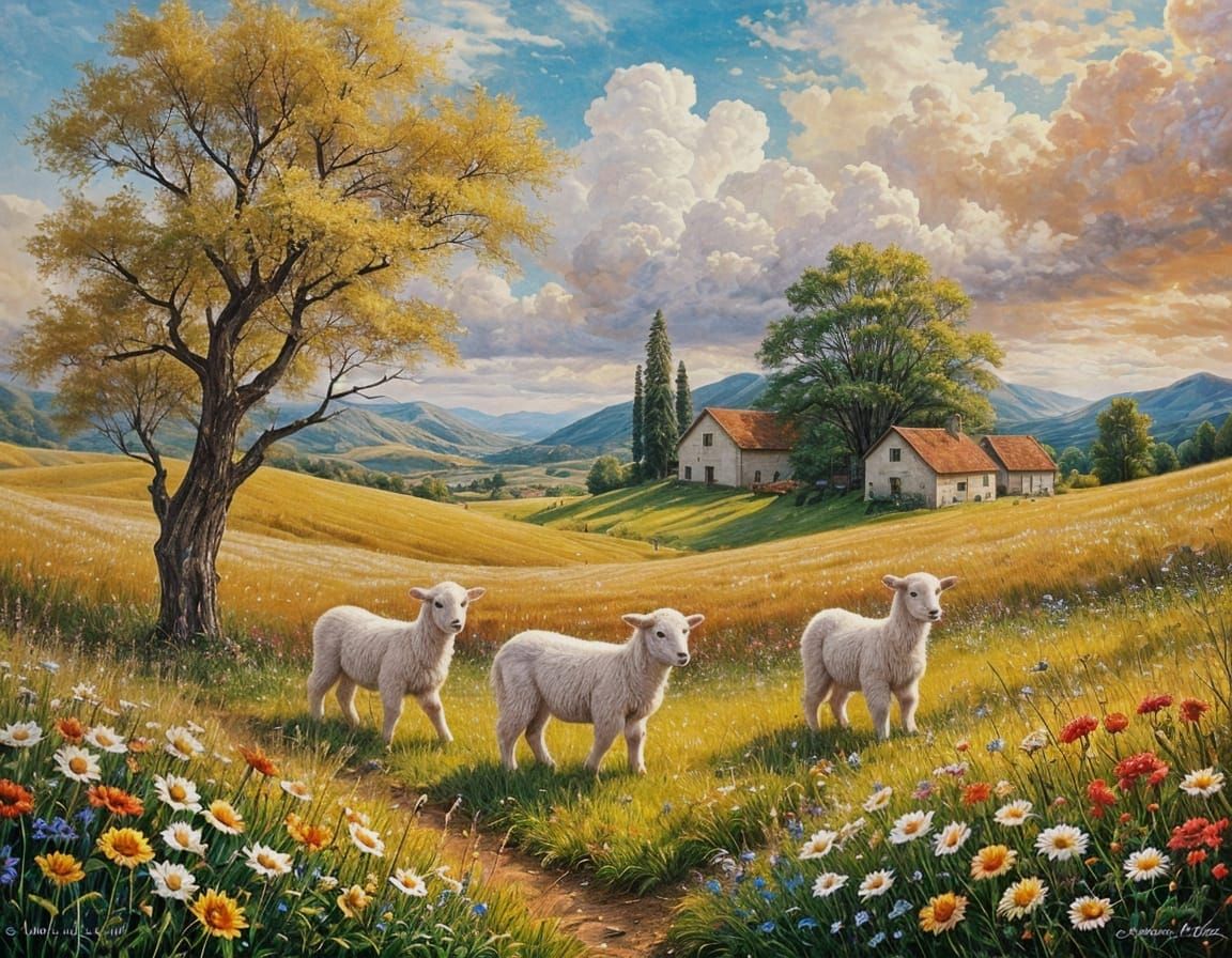 Frightened Lamb in Scenic Valley: Oil Painting