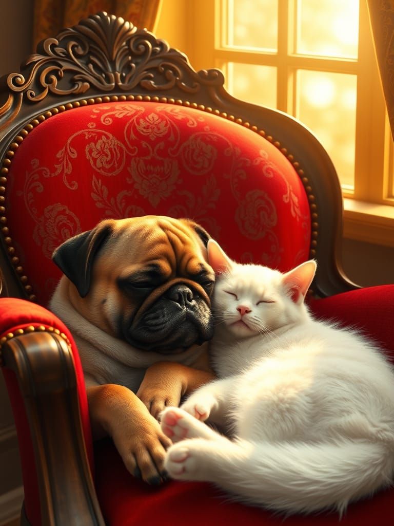 Pug and Cat Nap in Art Nouveau Style