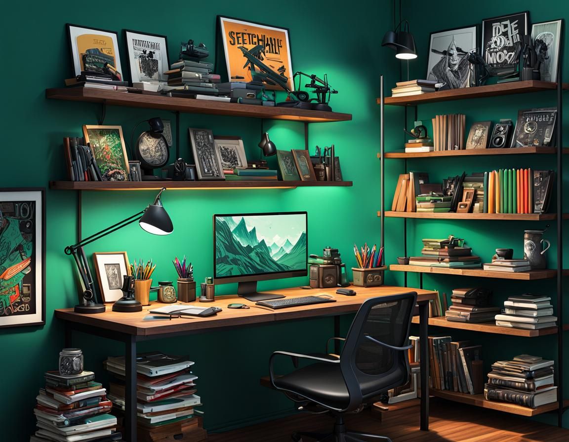 Cozy Illustration Studio with Cluttered Desk, Digital Art