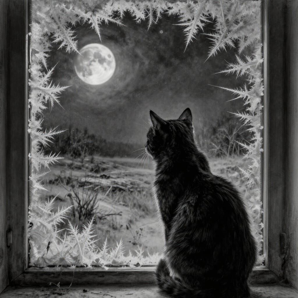 Solitary Cat Gazes at Alien World Through Frosty Window