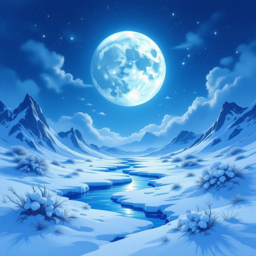 Disturbing Blue Moon Landscape in Watercolor Style