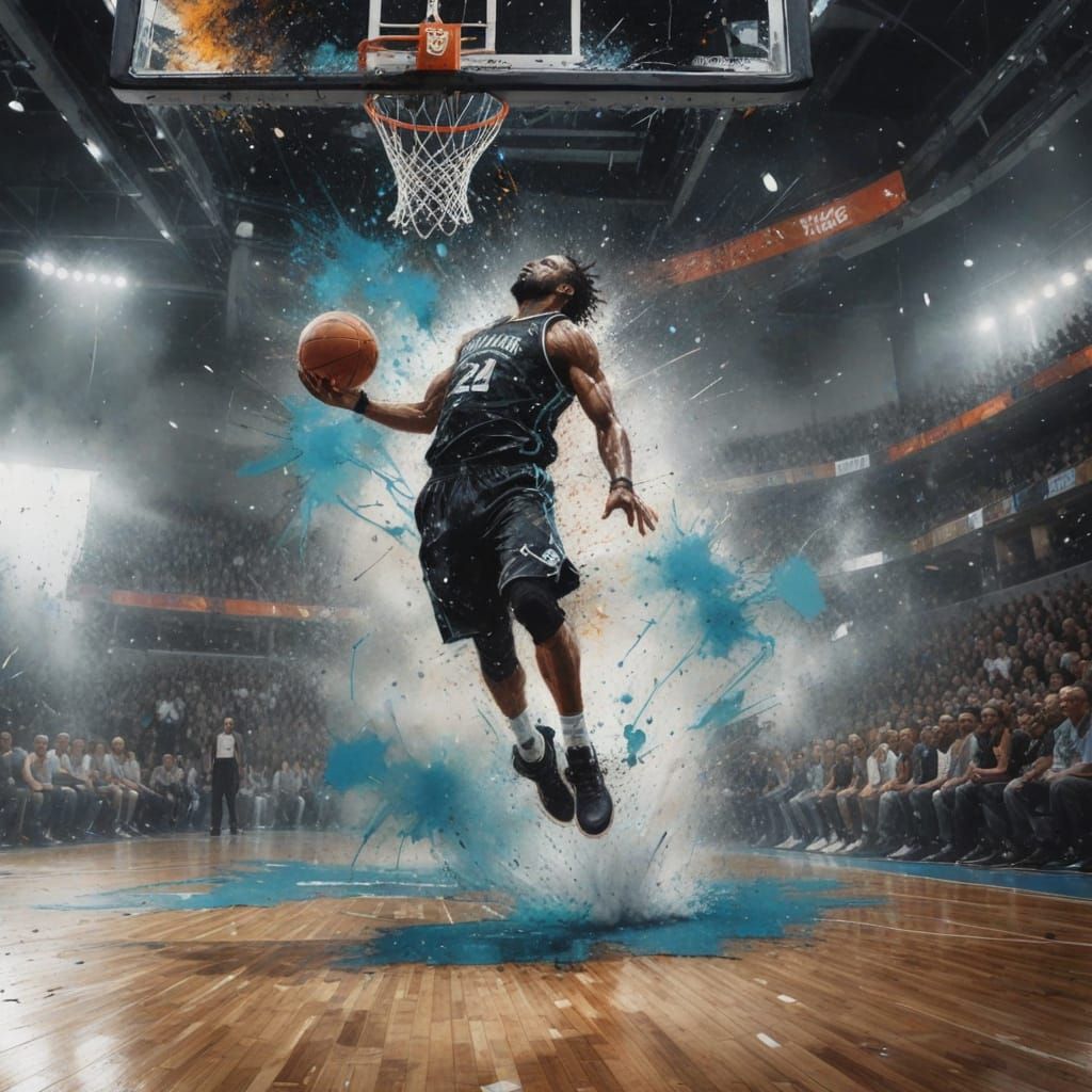 Basketball Dunk in Ink Splatter Watercolor Art