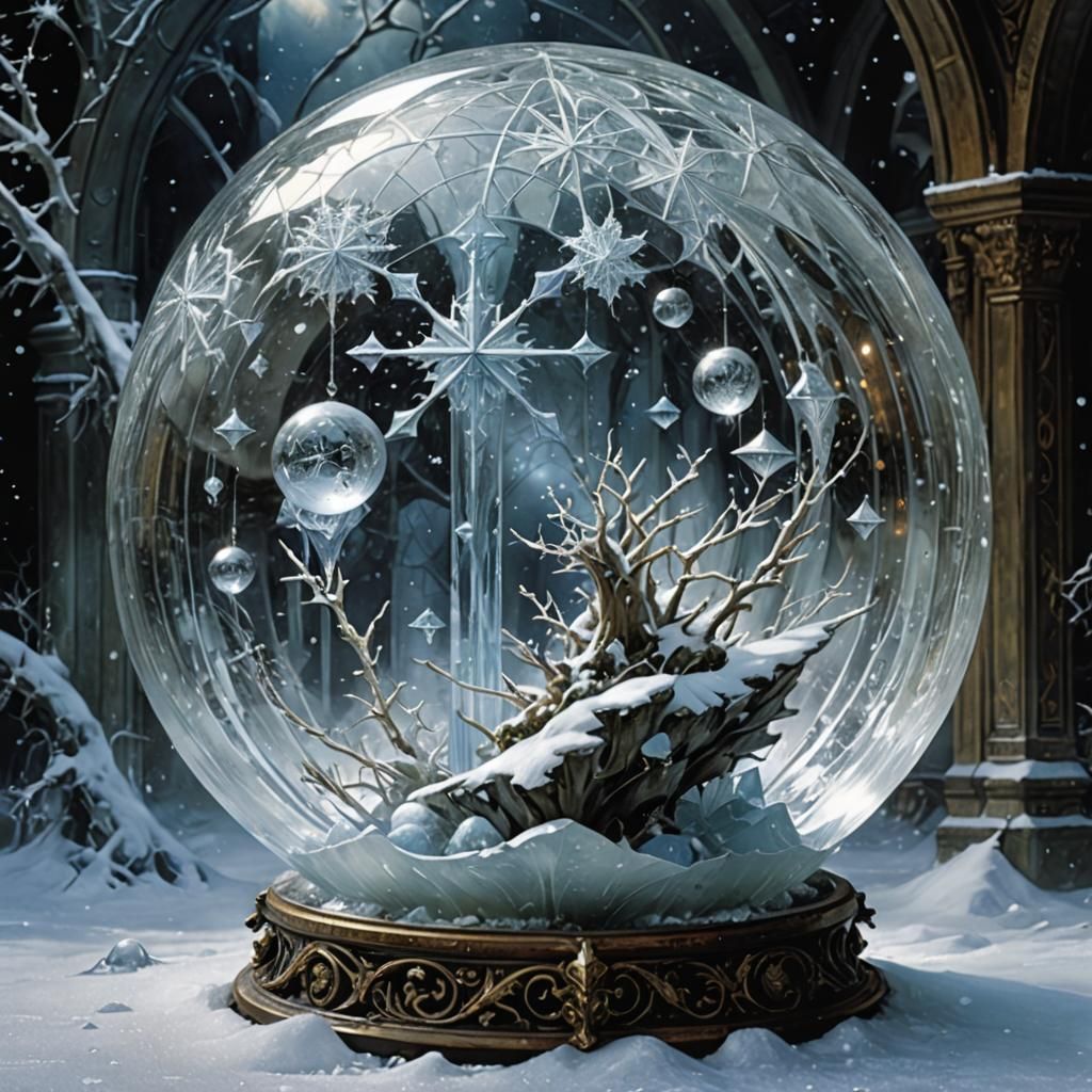 Glass Orb Blizzard with Geometric Ice Patterns