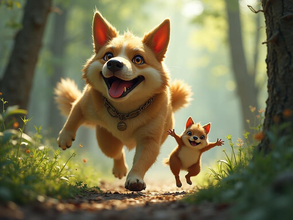 Fantasy Forest Chase: Three Headed Dog Pursues Squirrel