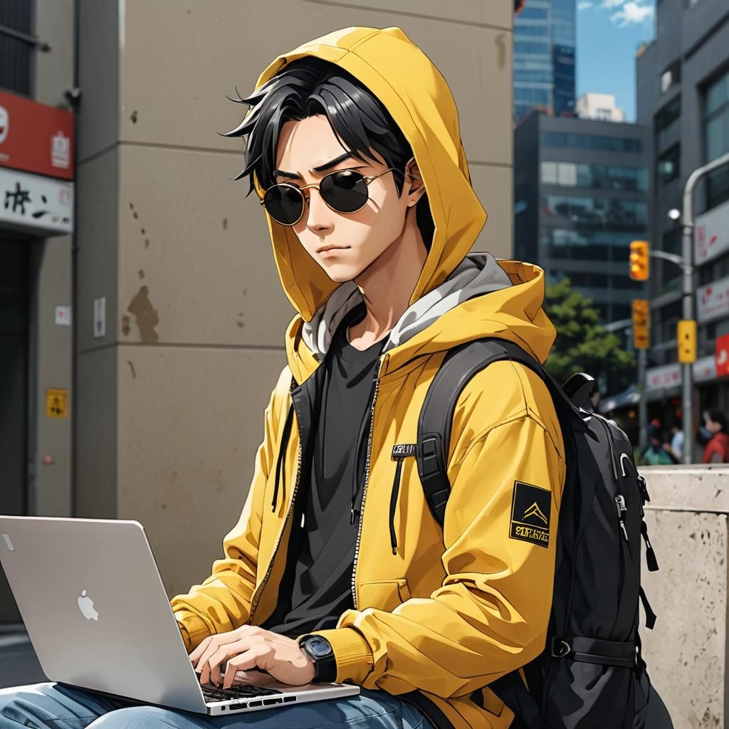 Cool Boy Avatar in Anime Style with Laptop
