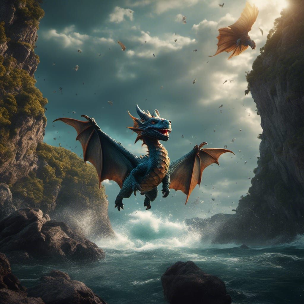 Cute Dragon Flying Around Sea Rock