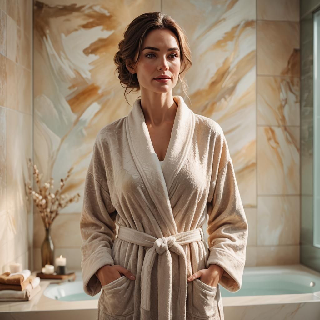 Serene Woman in Bathrobe as Dreamy Oil Painting