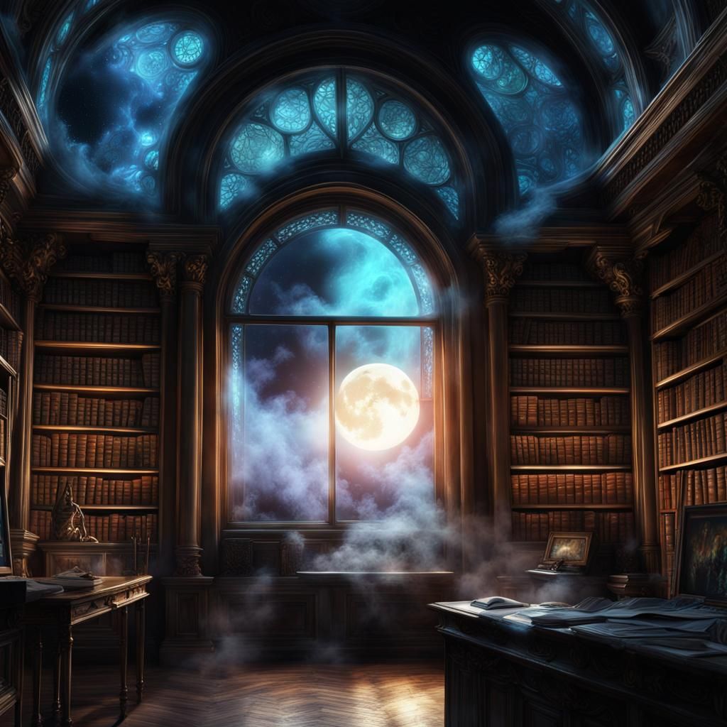 Mystical Bioluminescent Library with Moon, Ethereal Painting