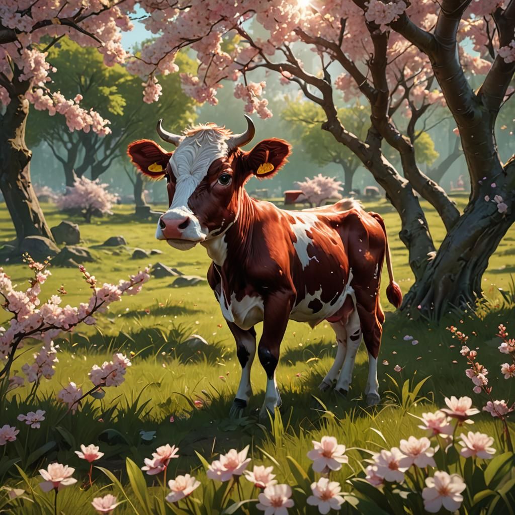Baby Cow in Meadow with Cherry Blossoms