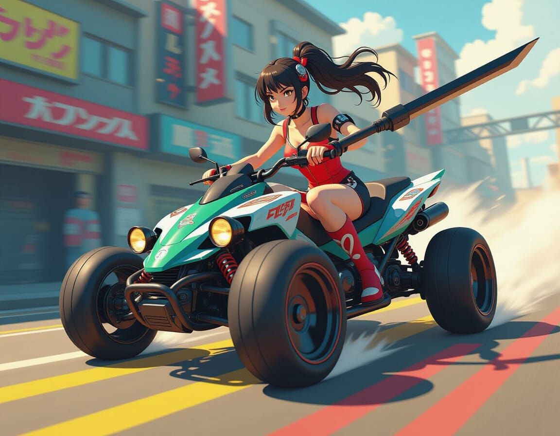 Dynamic Three-Wheeled Glaive in Anime Art Style