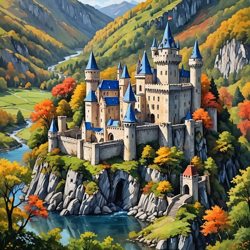 Surreal Castle Landscape in Watercolor and Oil